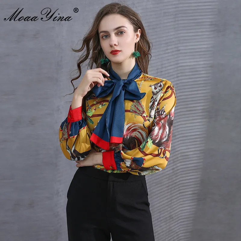 Moda Designer Pista de Runway Verão Mulheres Bow Collar Pequeno Animais Floral Impressão Streetwear Camisa Elegante Tops 210524