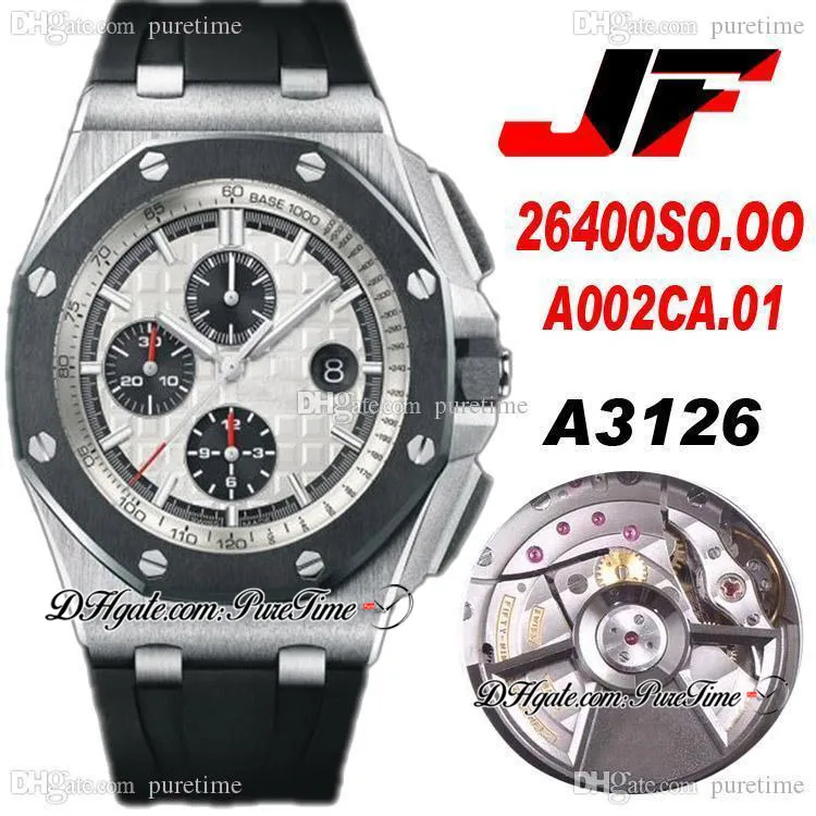 JFF V2 26400 A3126 Automatic Chronograph Mens Watch Steel Case Updated Black Ceramic Bezel Cyclops Whtie Textured Dial Rubber Watches Super Edition Puretime