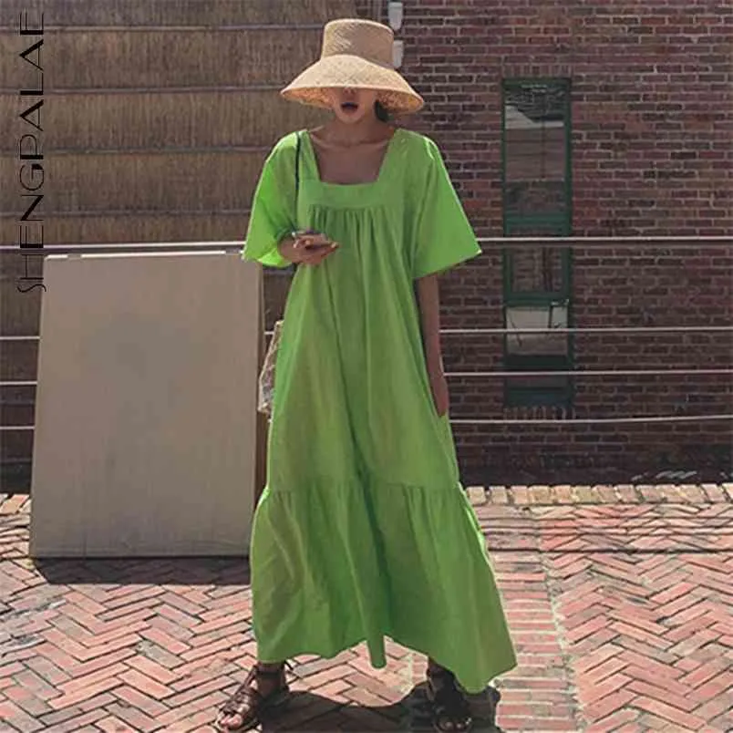 Shengpllae Minimalist Pamuk Keten Elbise kadın Yaz Kare Collor Gevşek Katlı Kısa Kollu Orta Buzağı Elbiseler 5B807 210427