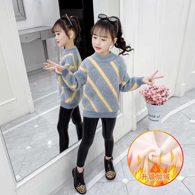 Girls Sweater Kids Coat Outwear 2021 Classic Plus Velvet Thicken Warm Winter Autumn Knitting Tops Cotton Fleece Children's Cloth Y1024