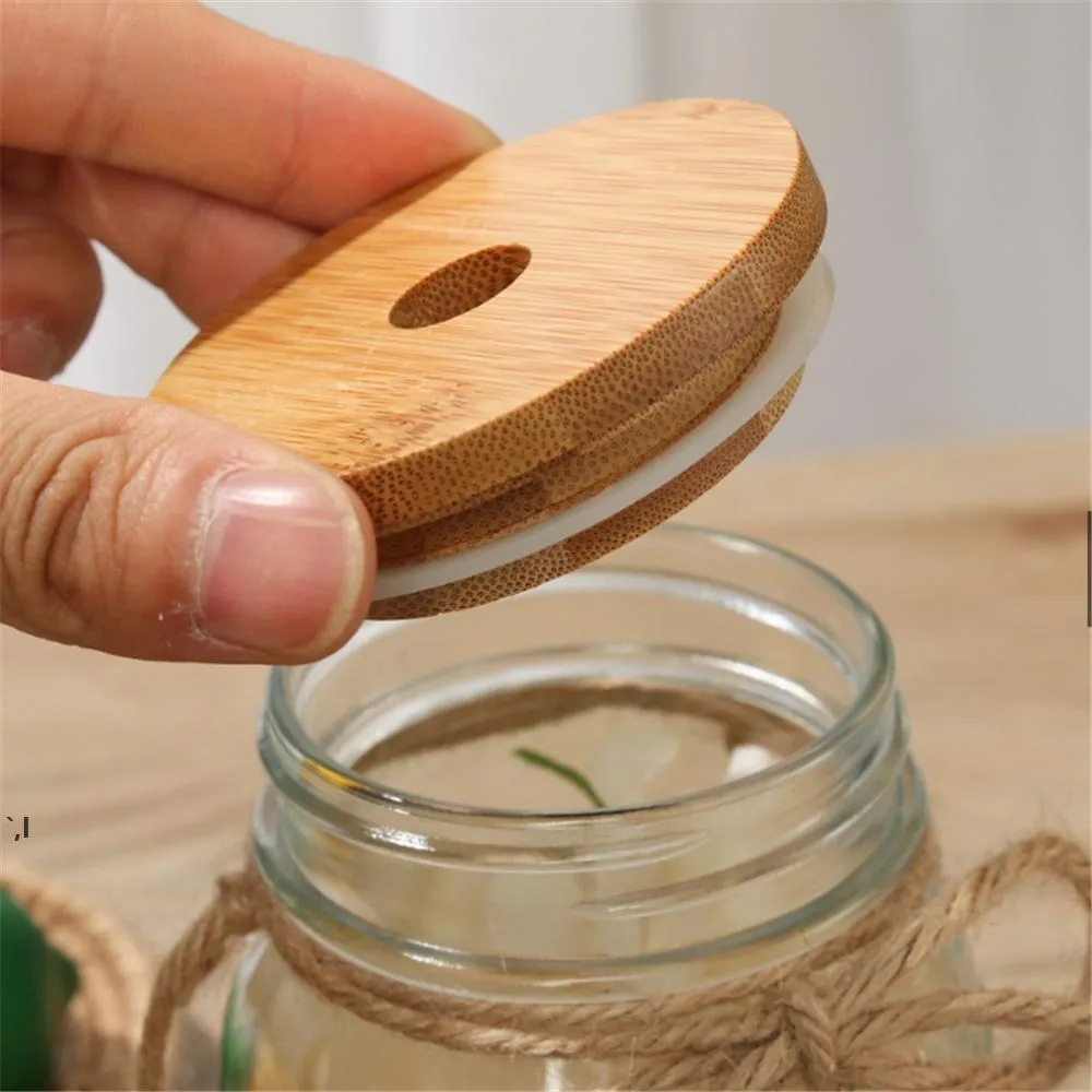 Kitchen Bamboo Mason Jar Lids with Straw Hole and Silicone Seal Reusable Caps for Wide Mouth Can Bottle 70mm 86mm RRE11945