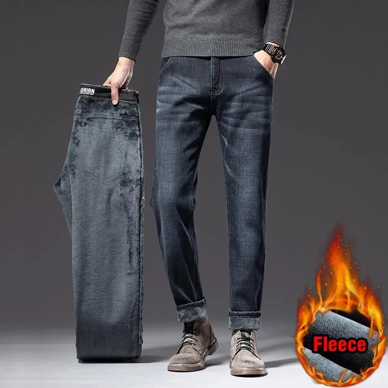 Mäns Jeans 2021 Vintermärke Män Kläder Monterad Straight Denim Classic Broderad Tjock Fleece Warm Youth Fashion Slim