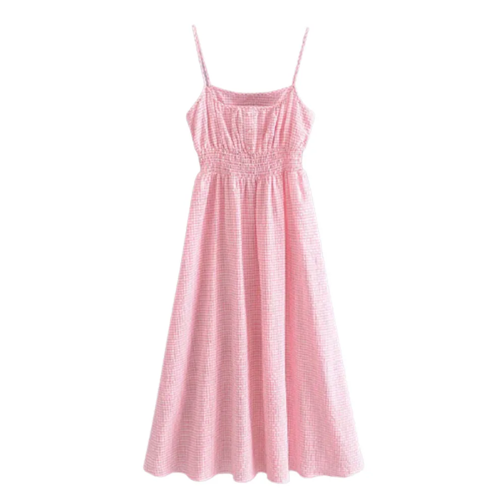 BBWM Women Cotton Plaid Spaghetti Strap Dress Summer Sleeveless Checked Elastic Waist Camisole Dress Vestidos Mujer 210520