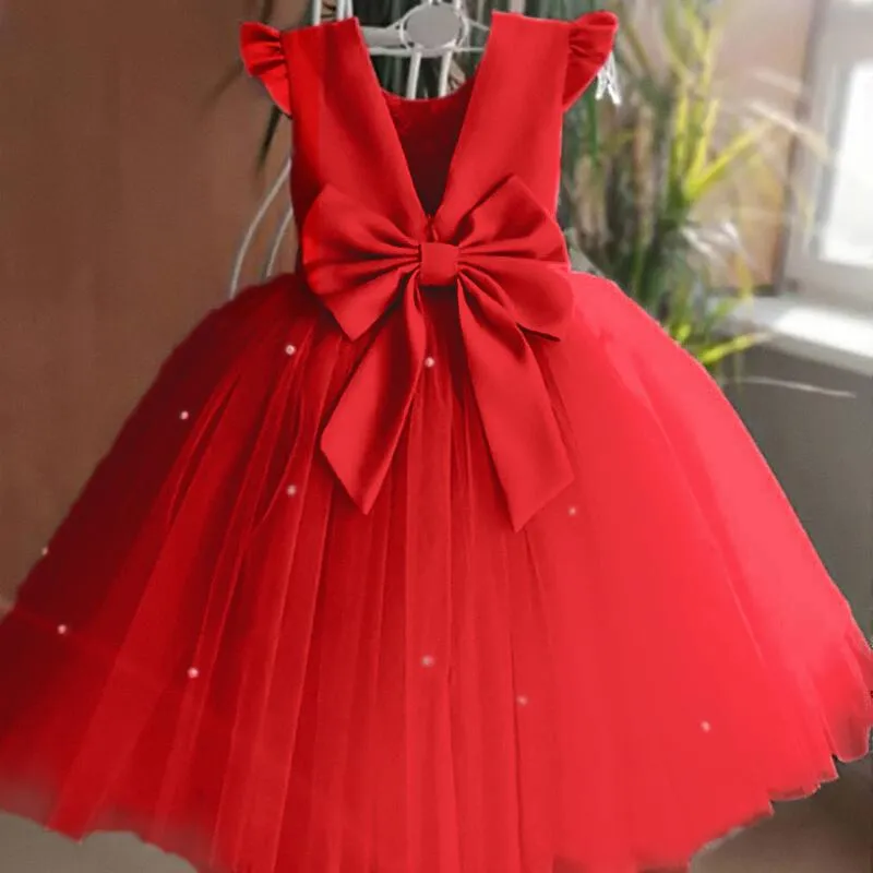 Robes de fille Robe de Noël rouge pour filles arc arborescence pour enfants 1ère robe de fête d'anniversaire élégante princesse Noël