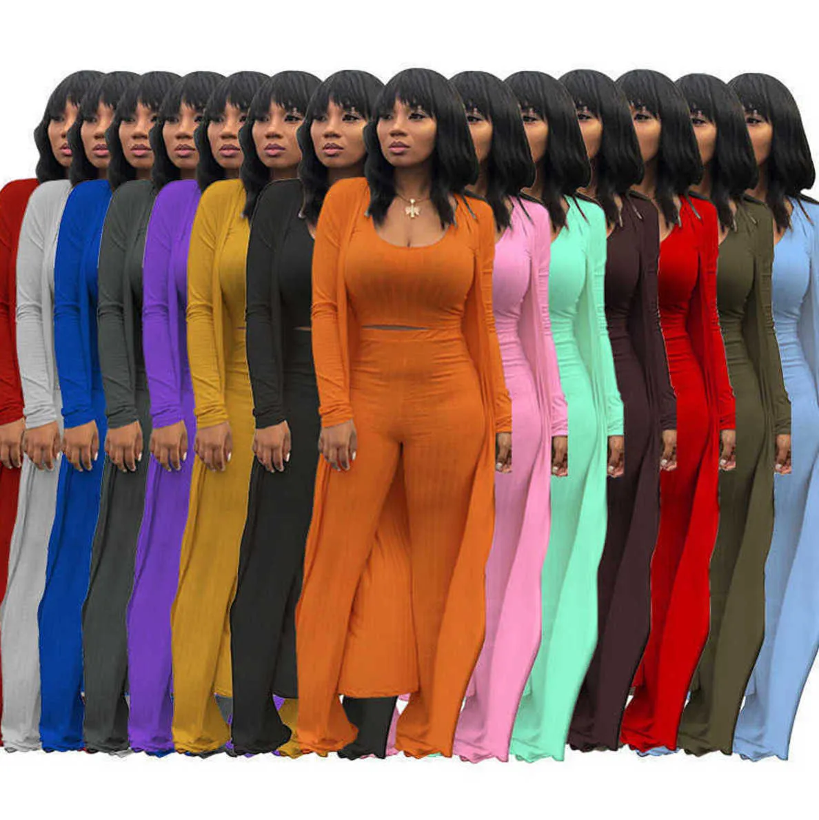 Kadın Trailsits 3 Parça Set Knitedsolid Renk Moda Kadın Yüksek Elastikiyet Mahsul Üst Geniş Bacak Pantolonları S-XXL