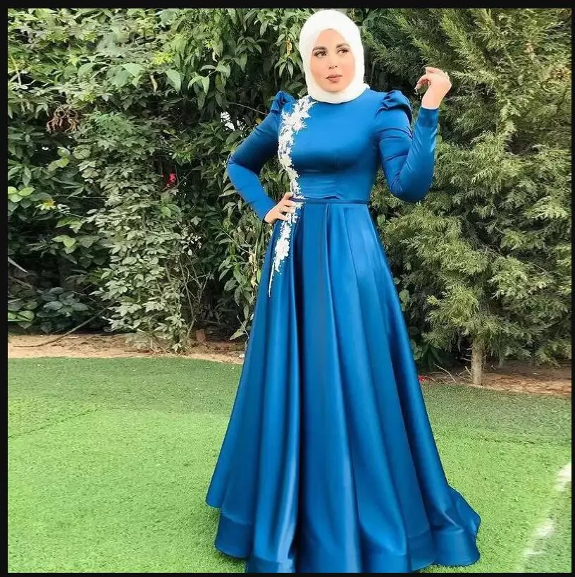 Encantadores vestidos de graduación azul de tamaño grande musulmán o cuello manga larga aplicación longitudes de longitud de vestir formal vestidos de fiesta nocturnos bata soiree de mariage 2024