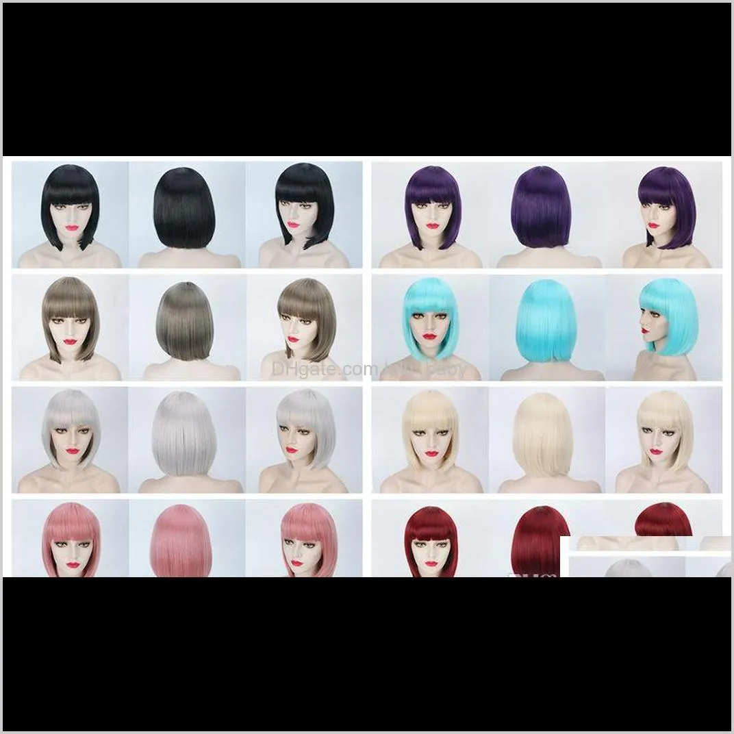 z&f 2017 fashion 30cm 8 colors shot straight bob wigs straight bang black gray synthetic hair cosplay wigs for women