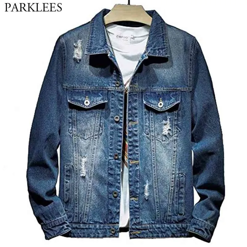 Klassieke westerse stijl trucker denim jas mannen mode gescheurde jeans jas heren casual gewassen chaqueta vaquera para hombre 210522