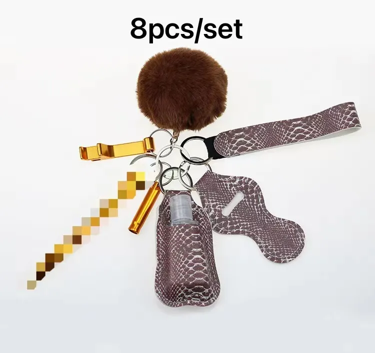 16 Colors 8pcs/Set Self Defense Keychain Car Key Chain PU Leather Hand Sanitizer Case Wrist Strap Lipstick Holder Keychains EDC Pen Bottle Opener Jewelry Keyring