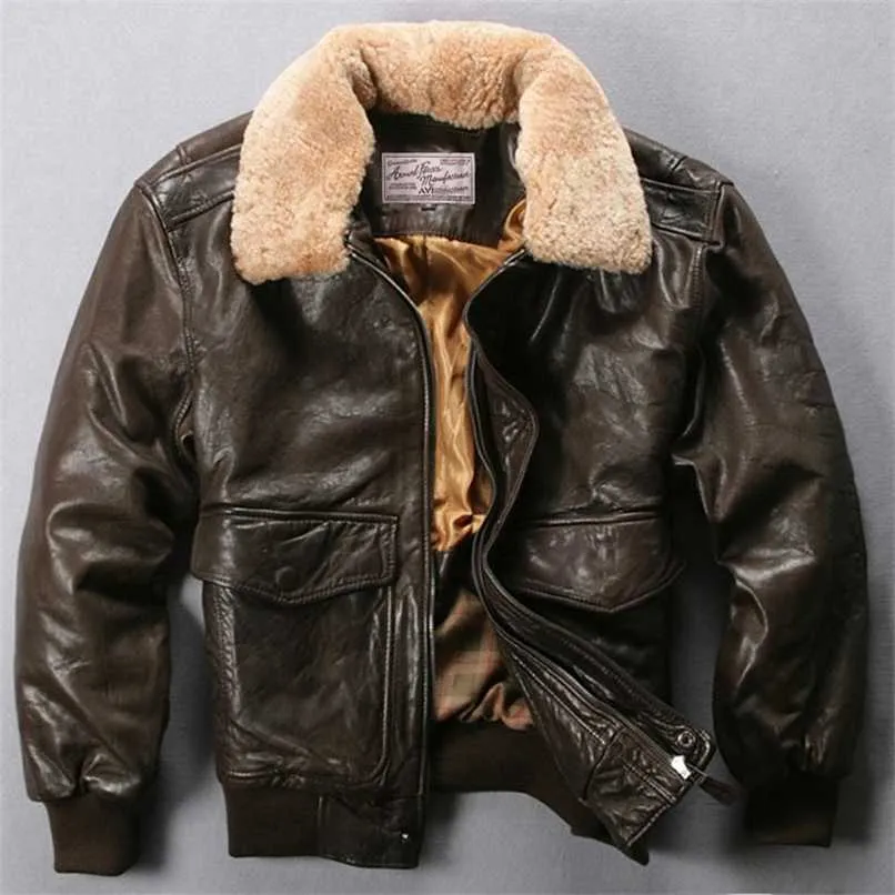 Avirex Fly Air Force Flight Jacket Fur Collar Äkta Läder Jacka Män Svart Brun Sheepskin Coat Vinter Bomber Jacka Man 211111