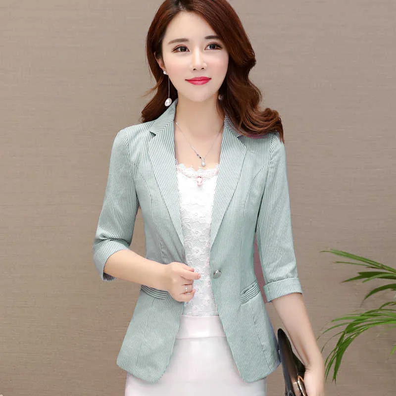 2020 Summer New OL Ladies Small Blazer Women Slim Three Quarter Elegant Stripe Short Blazer Suit Jacket Single Button Coat Y238 X0721