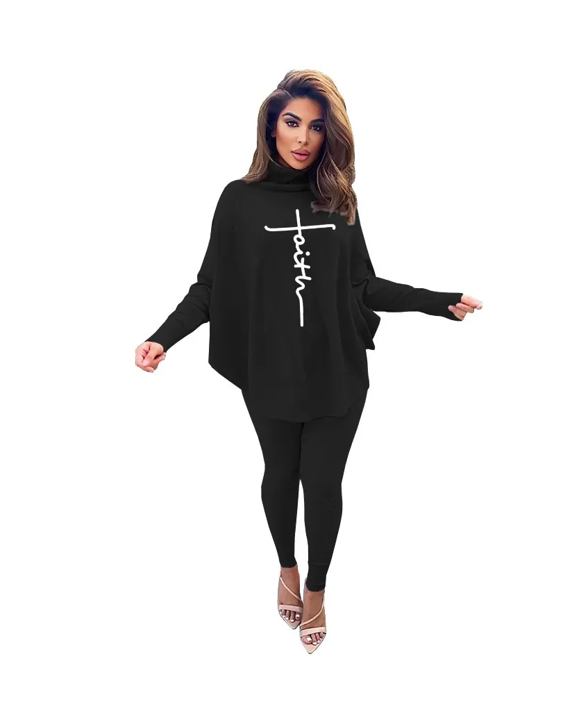 Women Casual Two Piece Pants Outfit Letter Printing Batwing Long Sleeve Turtleneck T Shirt and Skinny Jogger Pants Tracksuit Set