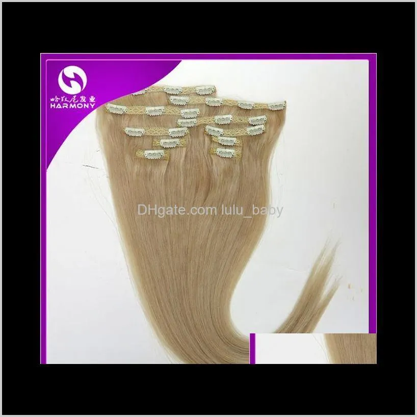 120g 10pcs/1set clip in hair extensions 18 20 22inch 613#/bleach blonde straight remy human hair top quality
