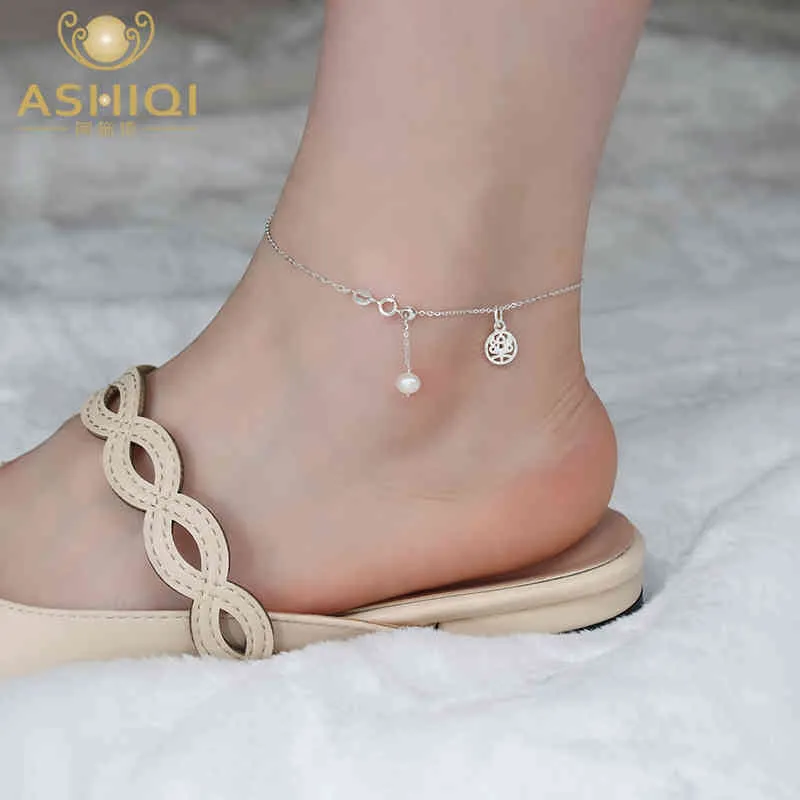 Ashiqi Natural Freshwater Pearl Charm Anklet för Kvinnor Foot Bracelet Smycken Gift