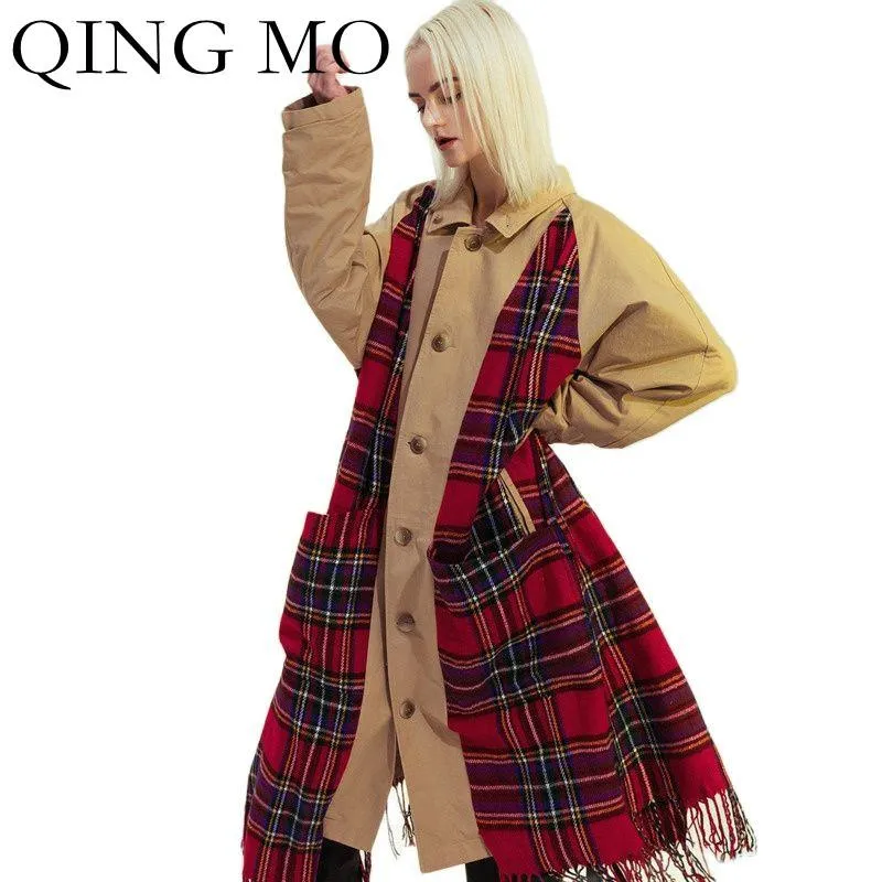 Kvinnors Trench Coats Qing Mo 2021 Vinter Kvinnor Kläder Kontrollerad Fring Hem Stitching Coat Casual Two-Sided Windbreaker Jacket021q