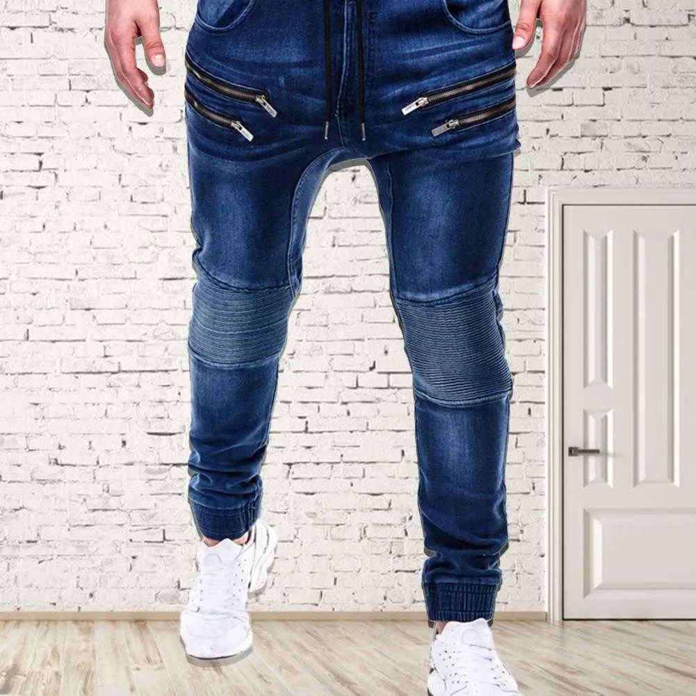 Jeans Heren Casual Heren Rits Zakken Met Trekkoord Running Skinny Broek Jeans Jogger Broek Blauwe Jeans Man Jens Heren Mode Blauw X0203R