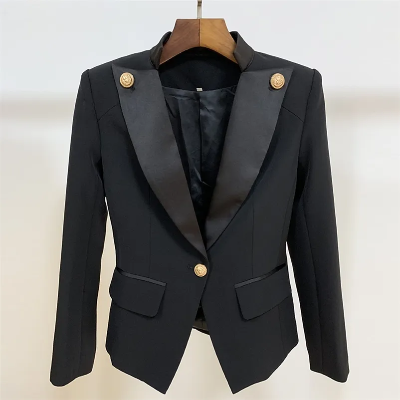 High Street Designer Стильный Blazer Женская Однонародный Льон Украшенный атласной воротником Куртка 210521