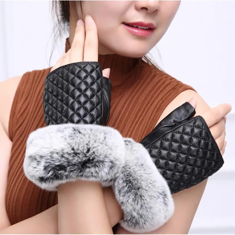 5つの指の手袋Svadilfari 2021冬のファッションの格子縞の女性の指のない手首暖かいレックスファーシープスキンガントミトン