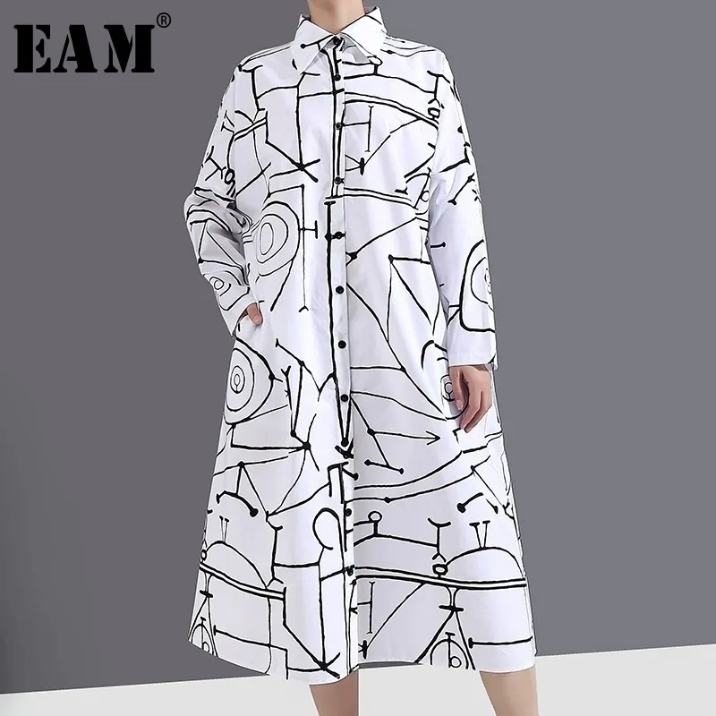 [EAM] Женское белое платье большого размера с принтом, новое свободное платье с лацканами и длинными рукавами, модное весенне-осеннее платье 1Y744 210325