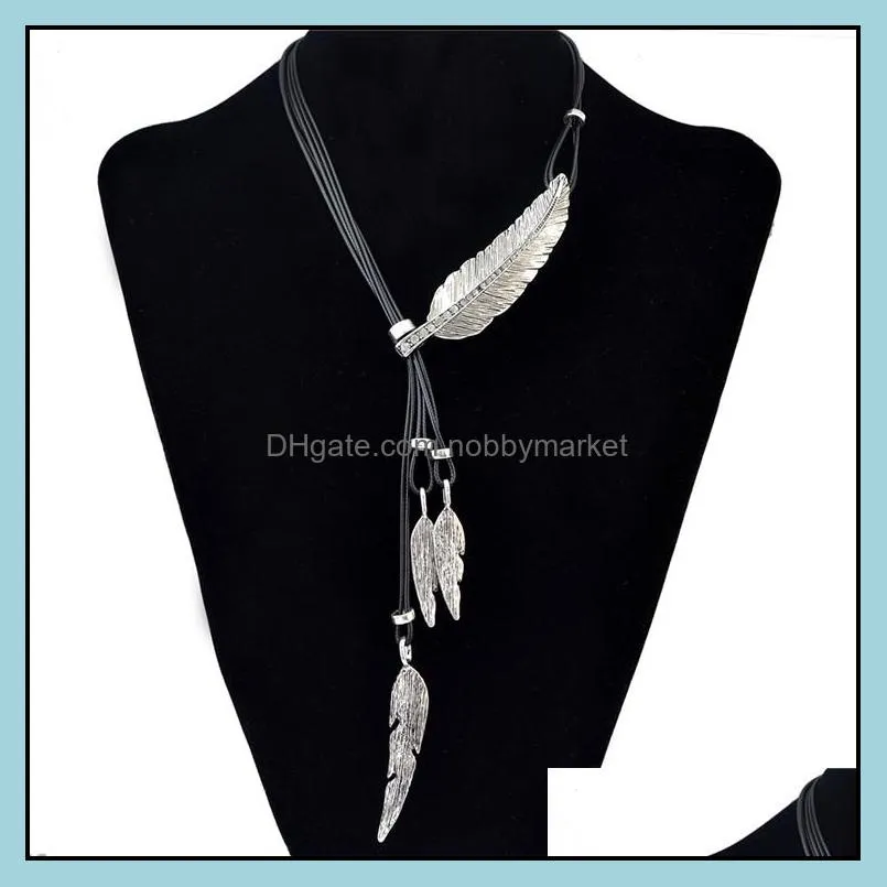 New Arrivals Fashion Rope Chain Feather Pattern Pendant Necklaces Bohemian Style Black statement necklace Jewelry For women Sweater