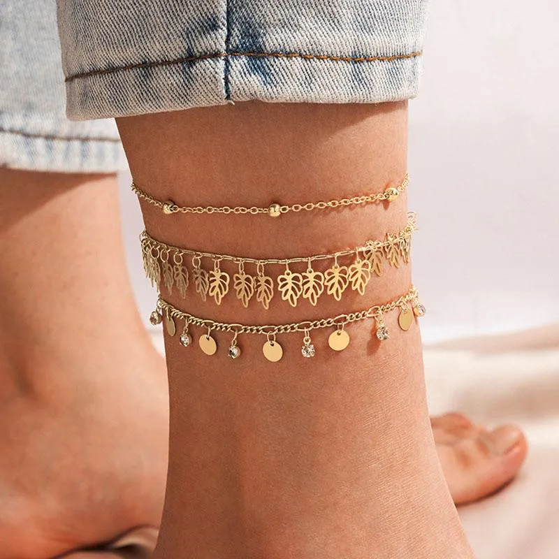 anklets 3 PCS/セットゴールドカラーメタルリーフフリンジアンクルブレスレットの女性