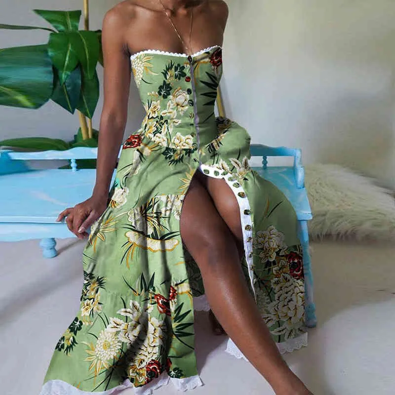 floral print bandeau lace trim buttoned maxi dress Lace Spliced Tie Front Floral Print Maxi Dress, Pink / XS