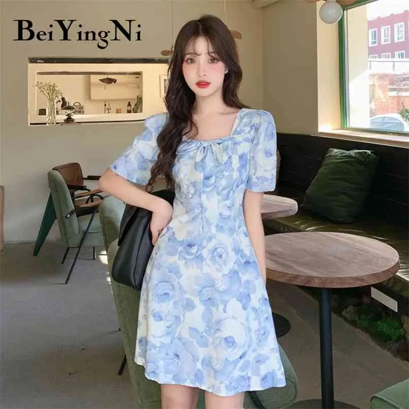 Vintage Painting Mini Dress for Woman Fashion Sommar Kortärmad Slim A-Line Dresses Girls Floral Print Vestidos 210506