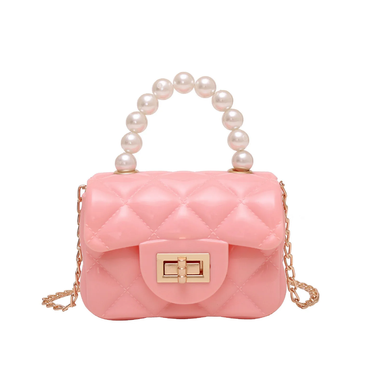 Designer Candy Color PVC Jelly Pearl Handbag With Long Chain And