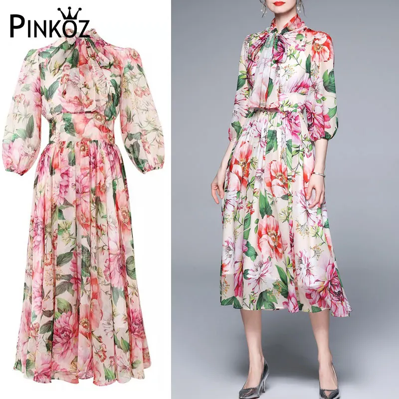 Fashion Summer Vacation Runway Jurk Dames Vlinderdas Bloemen Print Elegante Chiffon Es Dames Midi Vestidos 210421