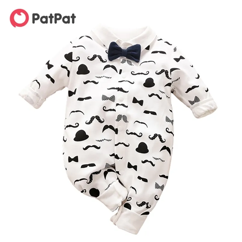 Arrival Autumn and Winter Moustache Pattern Long-sleeve Bow Tie Jumpsuit for Baby Boys Clothes 210528