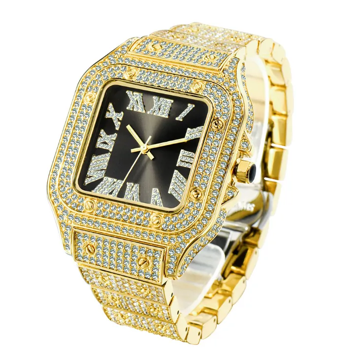 Missfox Roman Scale Trendy Hip Hop Square Diar Mens Watches Classic Treless Charm Watch Full Diamond Dokładny ruch kwarcowy LIF2338