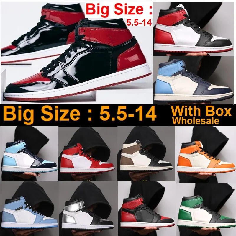 Women Men Big Size 36-48 Large Basketball Shoes 1 Bred Patent 1s White University Blue Satin Black Toe Pine Green Mid Banned DARK MOCHA Sneakers With Box Wholesale Twist