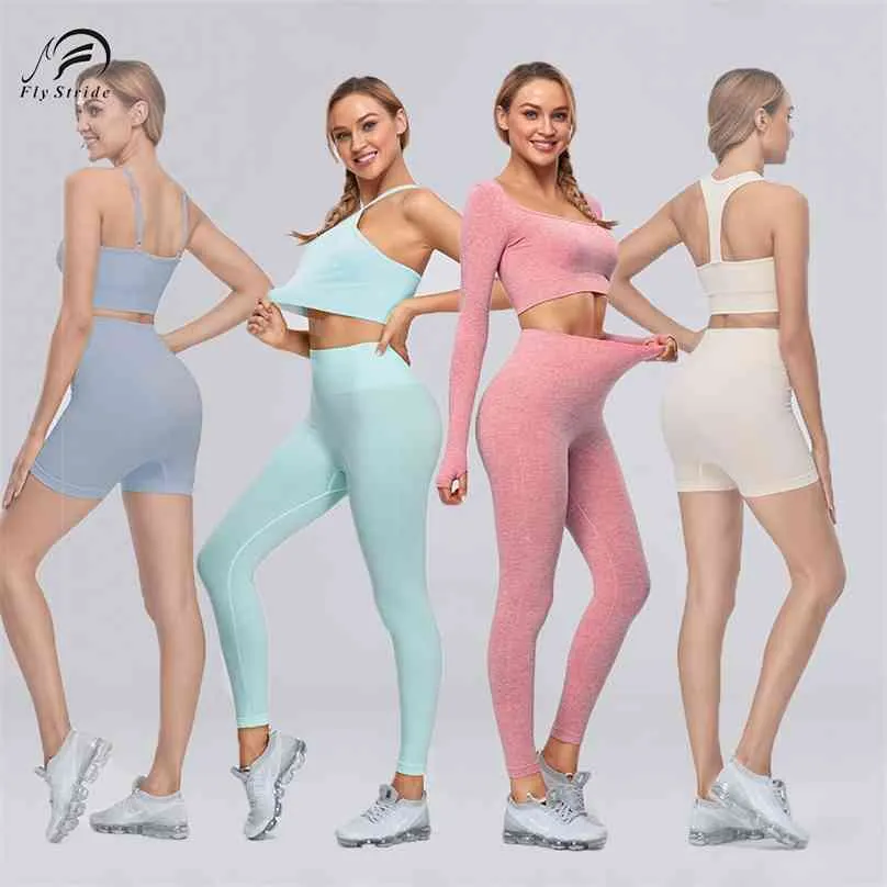 Nahtloser Trainingsanzug Frauen Yoga Set Sport BH Gymnasten Weste Langarm Crop Top Training Short Hosen Fitness Leggings BodySuit 210802