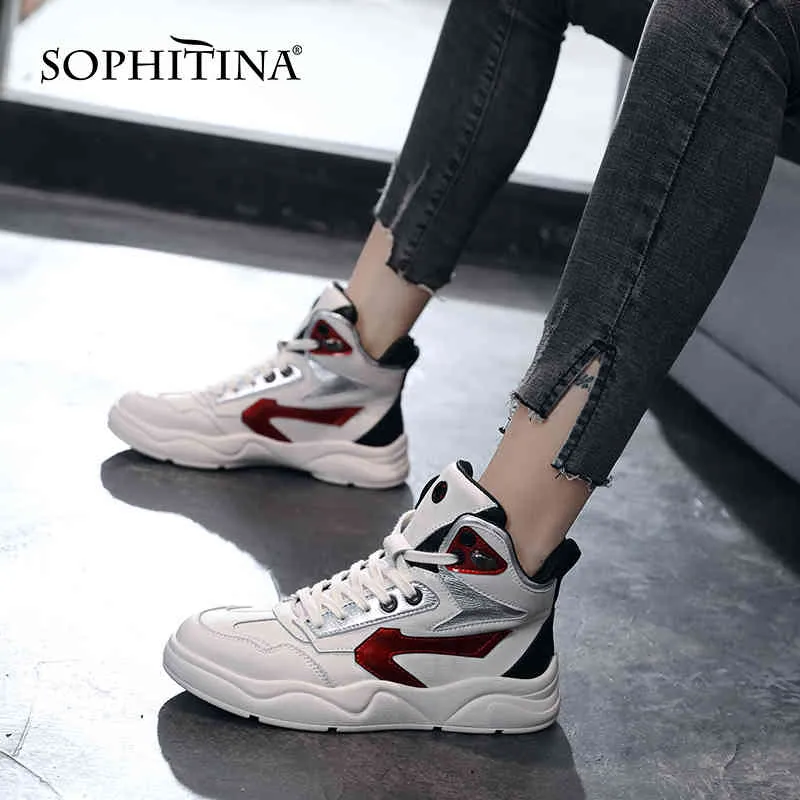 Sophitina Platform High-Top Shoes Kvinnor Casual Äkta Läder Sport Patchwork Skor Rund Toe Mid Heel Flat Women Boots SO751 210513