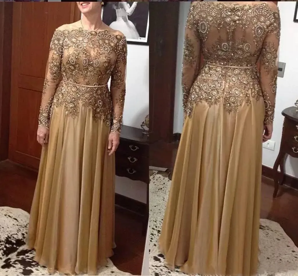 Modesto barato frisado mãe da noiva vestidos de mangas compridas lantejoulas plus size renda vestido de convidado de casamento ouro até o chão vestidos de noite