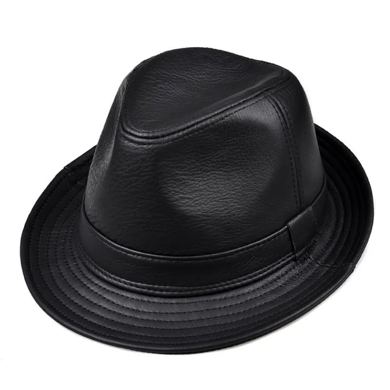 Chapeaux à large bord mode en cuir véritable Gentleman Fedora Chapeau hommes automne hiver solide noir Vintage papa Chapeau peau de vache Cap Panama Jazz