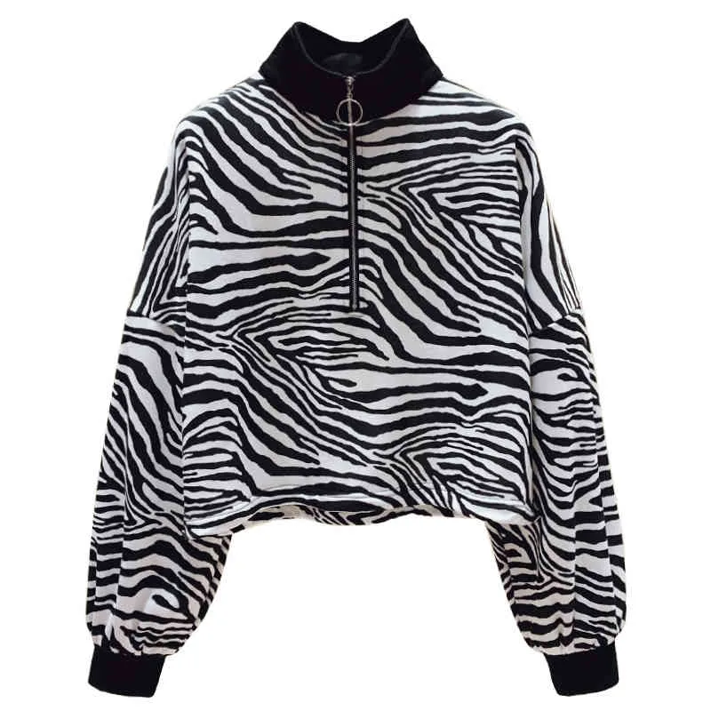 Zwart Wit Zebra Print Hoge Hals Sweatshirts Pullovers voor Vrouwen Winter Herfst Halve Rits Casual H0126 210514