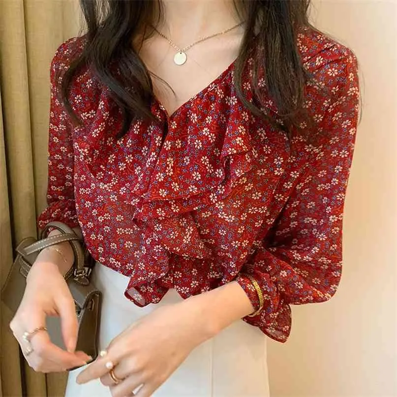 Lady Floral Estampado con cuello en V Oído de madera Camisa de gasa de mujer Moda de verano Coreano Tops sueltos de gran tamaño Blusa S-5XL P223 210527