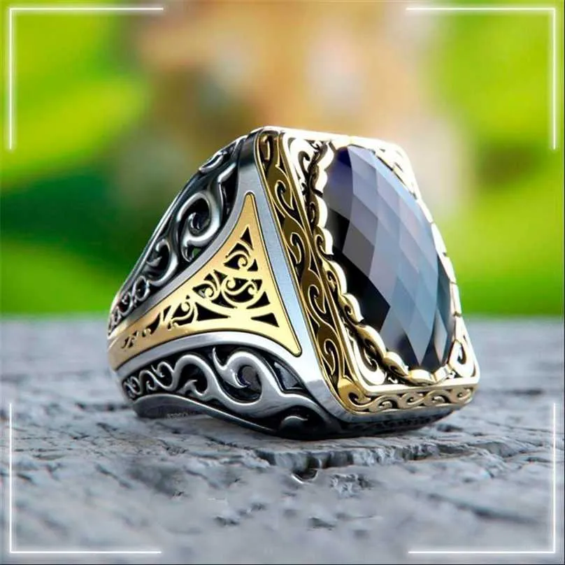 Bague en argent sterling 925 pour homme réel pure naturel aigue-marine de zircon pierre à motifs brodés bijoux turcs à la main 211217