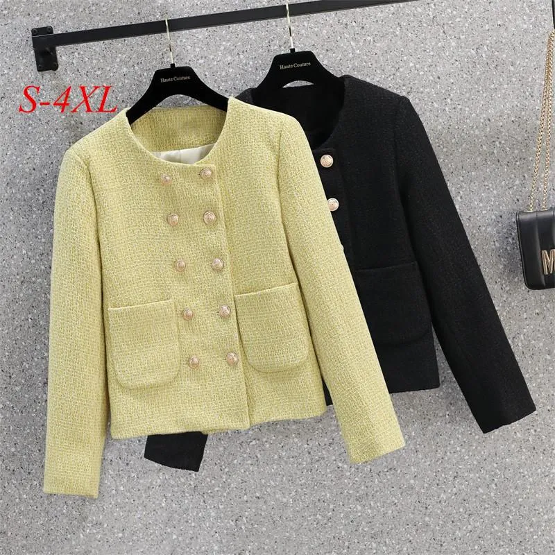 Women's Jackets JSXDHK S-4XL Plus Size Design Autumn Winter Yellow Tweed Jacket Coat Fashion Women Metal Double-Breasted Pocket Loose Outerw