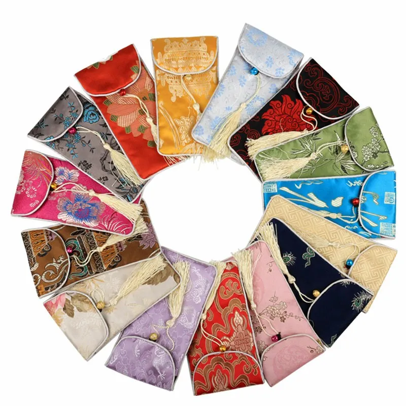 10 unids tassel cuello cuerda bolsa de teléfono celular cubierta chino seda brocado gafas bolsas de bolsas de bolsillo de embalaje de la joyería