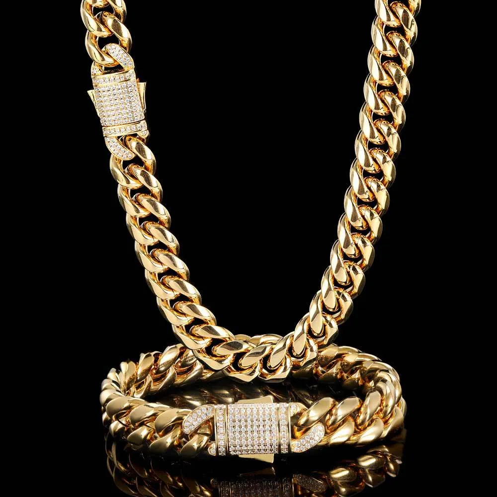 2 piece/sets Hip Hop Miami Titanium Steel Men's Necklace and Men's Bracelet Set with Zircon Spring Buckle Cuban Chain Popular Jewelry