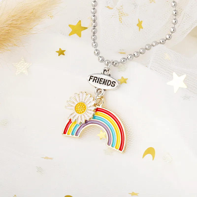 Fashion Daisy Rainbow Necklace Enamel Cartoon Kids Good Friends Forever Pendant Necklaces Jewelry Gift