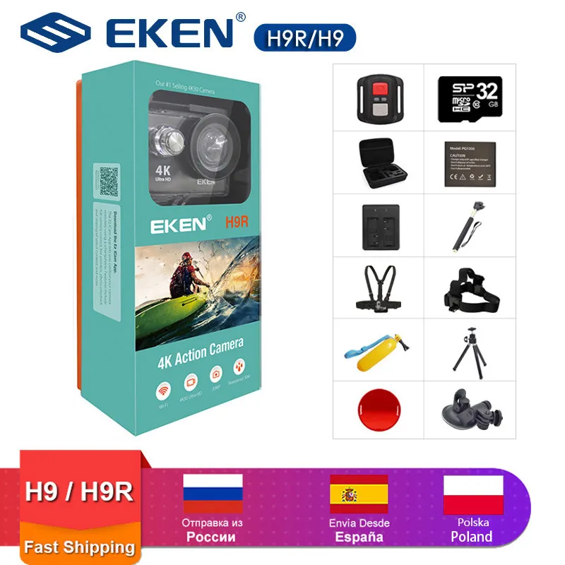 Original Eken H9R action kamera Ultra HD 4K / 30FPS WiFi 2.0 "170d Undervattens Vattentät Cam Hjälm Vedio Go Sport Pro kom 210319