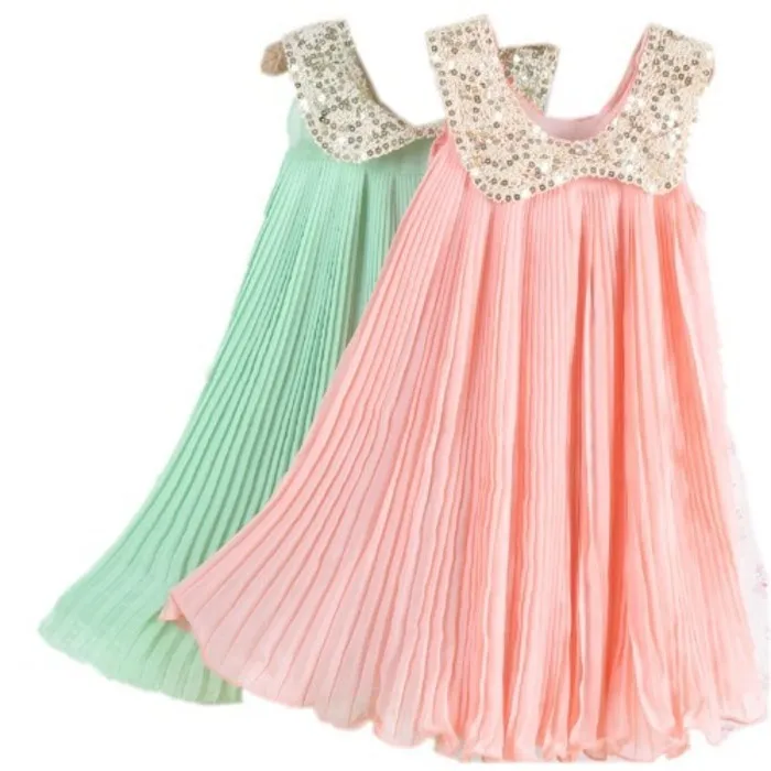 NEW Summer Girls Pleated Chiffon One-Piece Dress With Paillette Collar Children Colthes For Kids Baby, Pink/Green Q0716