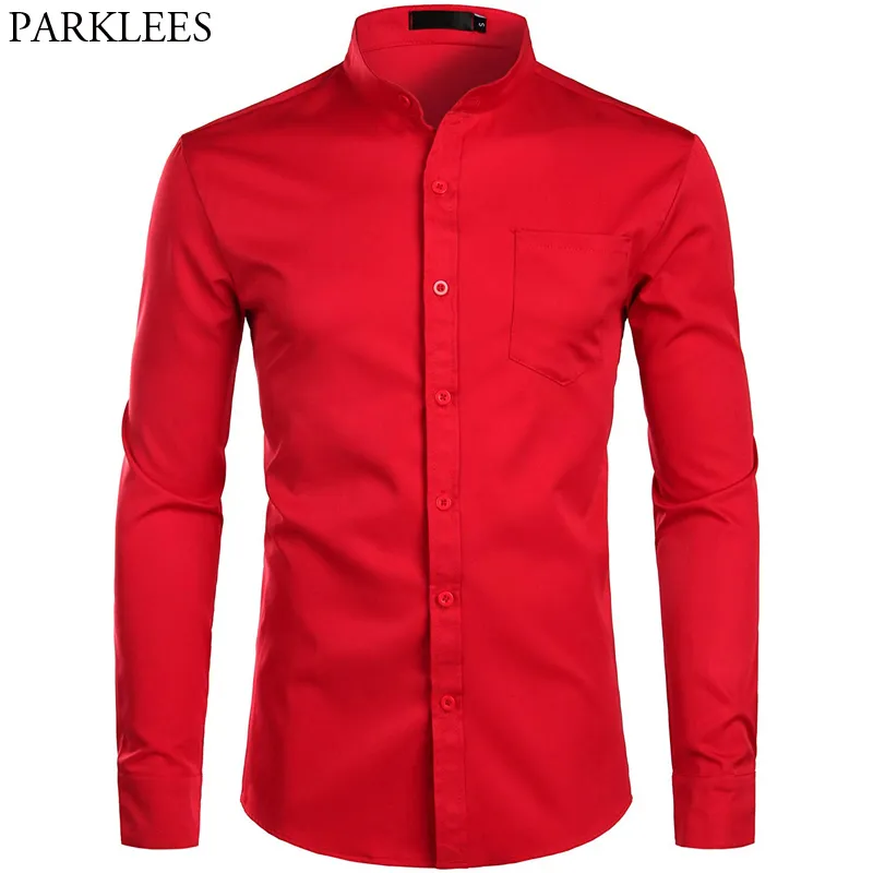Red Banded Grandad Collar Dress Shirts Men Brand Mens Slim Fit Long Sleeve Button Down Shirt with Pocket Chemise Homme 210522