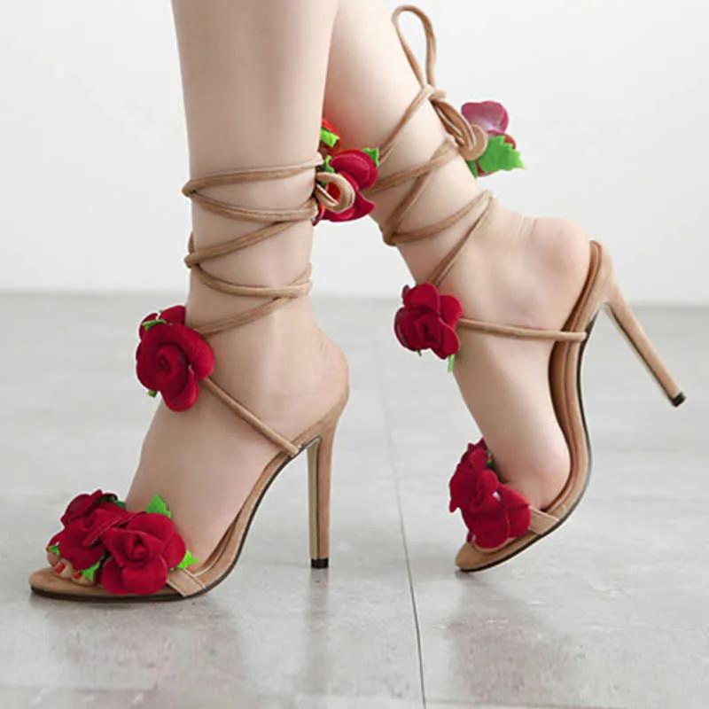 Cross Bandage High Heels Sandaler Kvinnor Pumpar Tunna Heel Flower Lace-Up Summer Shoes Fashion Pompes de Femme X0728