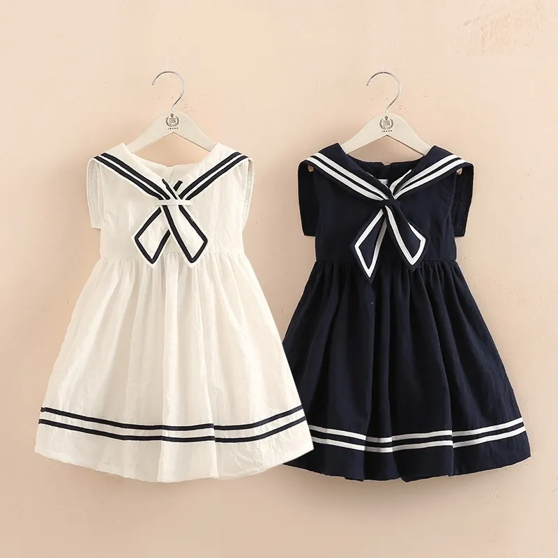 Summer 3-10 11 12 Years Teenage Children Sailor Collar Blue White Military Baby Kids Navy Style Sleeveless Dress For Girls 210529