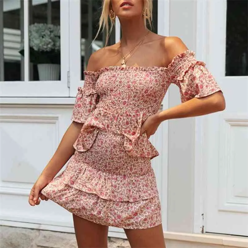 Kwiatowy Drukuj Dress 2 Sztuk Spódnicy Zestawy Summer Beach Off Ramię Ruffle Garnitury Kobiety Różowy Bodycon 210427