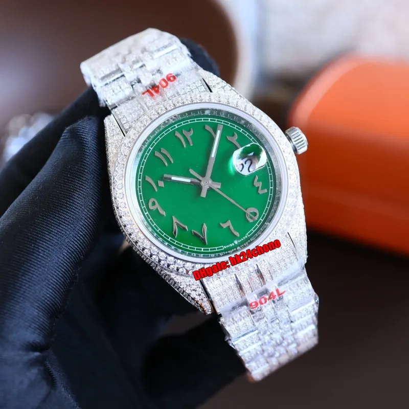 15スタイルラグジュアリーウォッチ41デイトジャストアイスアウトフルダイヤモンドETA2824自動メンズウォッチアラビアグリーンダイヤル904Lスチールブレスレットダイヤモンドバックルゲント腕時計
